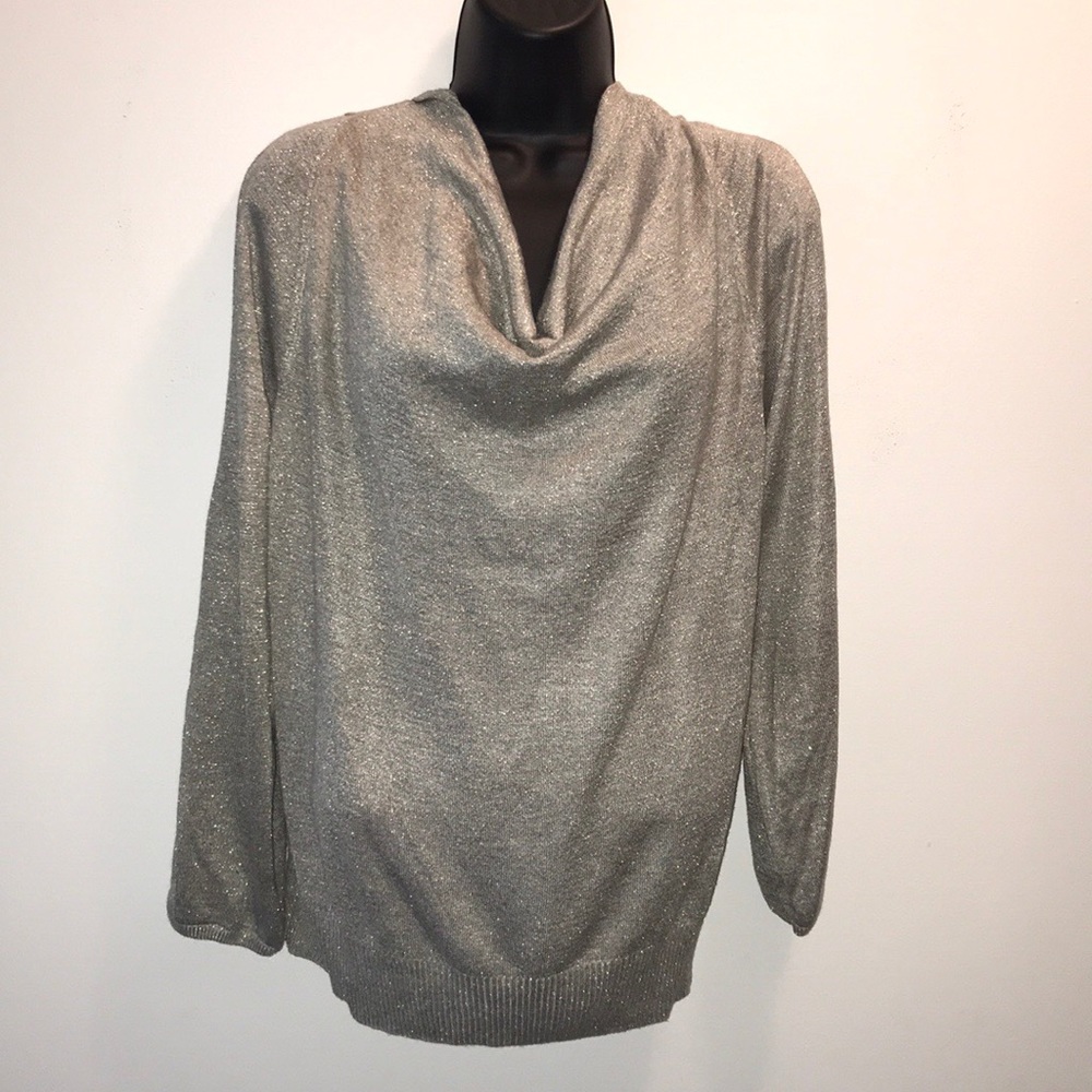 LANE BRYANT Silver Metallic~Split Sleeve Drape Neck Top~14/16